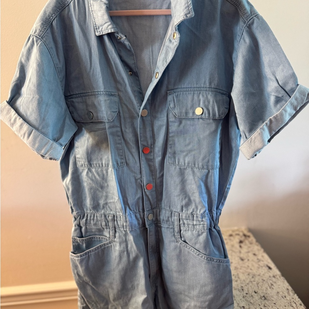 Girls 2 Sets  Sz 12-14 Blue Denim Jean Short Overal and Denim Short Button Dress